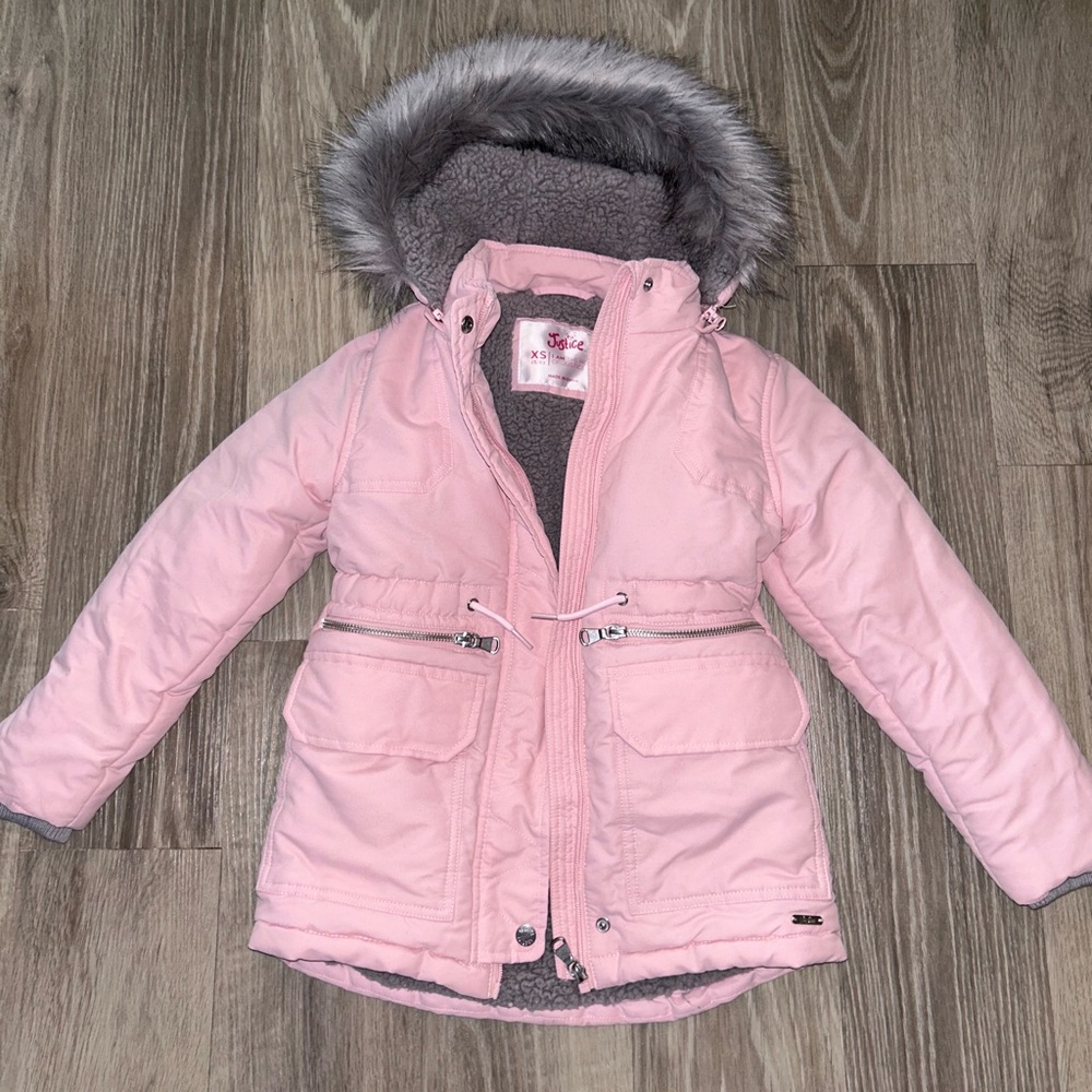 Justice Girl’s New XS Light Pink Detachable Fur Hooded Fleece Lined Winter Coat